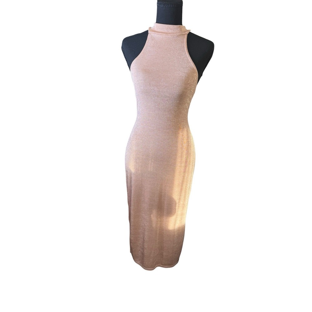 Boohoo Bodycon Dress Women 10 Rose Gold Metallic High Neck Midi Sleeveless